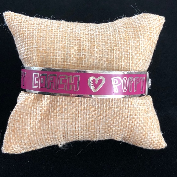 Coach Poppy Silver Tone Pink Bangle Bracelet Heart